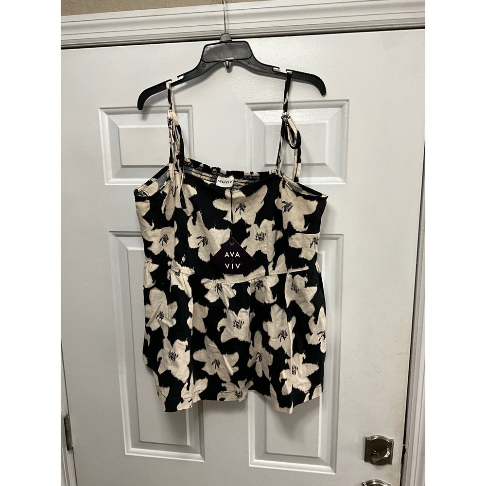 Ava & Viv Womens XXL Floral Peplum Cami Top Black Cream Linen Blend NWT